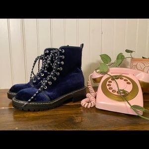 Blue velvet combat boots